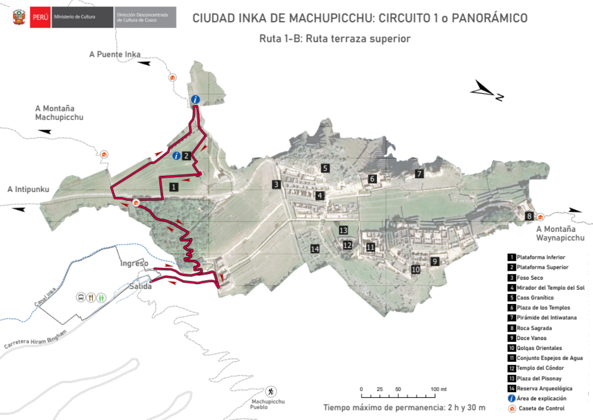 Mapa trasy 1B Machu Picchu – taras górny i klasyczny punkt widokowy