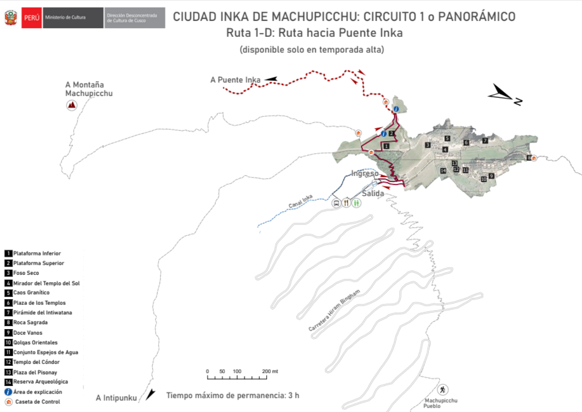 Mapa trasy 1D Machu Picchu – ścieżka do Mostu Inków Puente Inca
