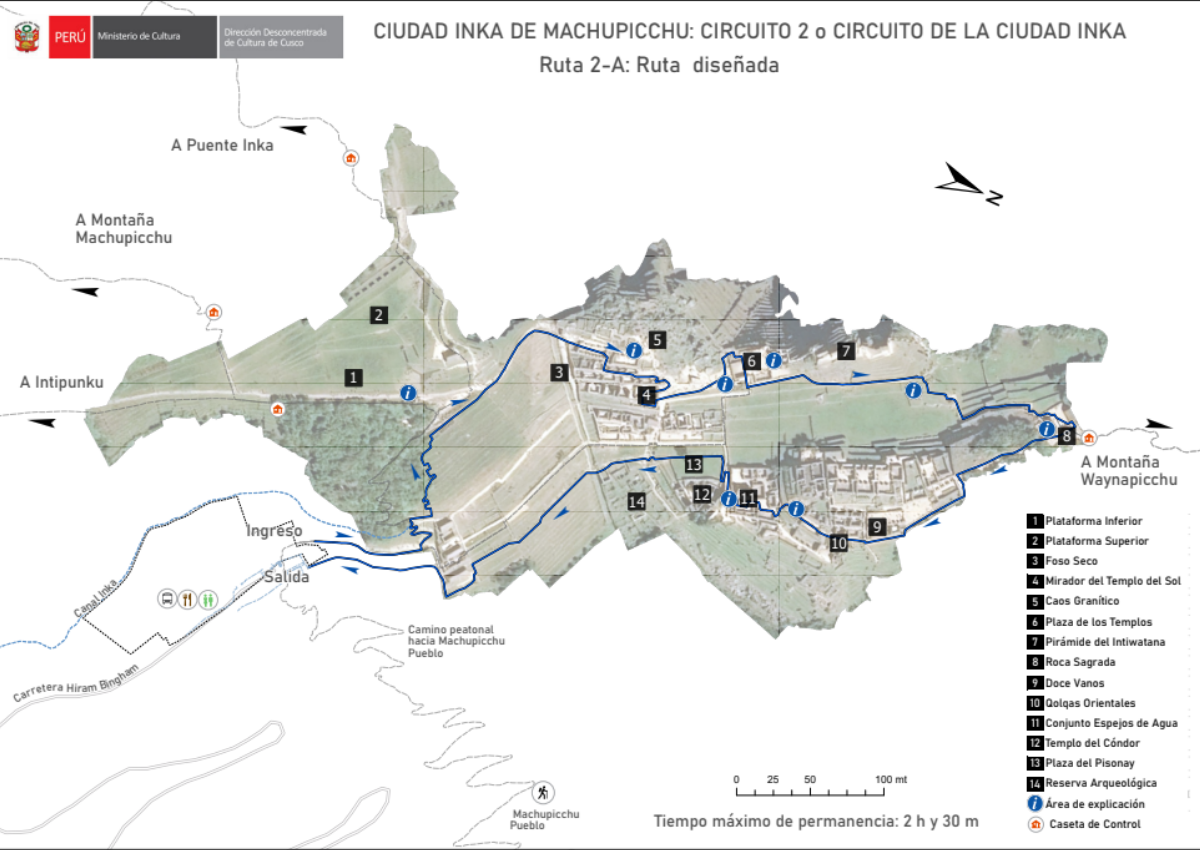 Mapa trasy 2A Machu Picchu – klasyczna trasa przez główne ruiny i świątynie