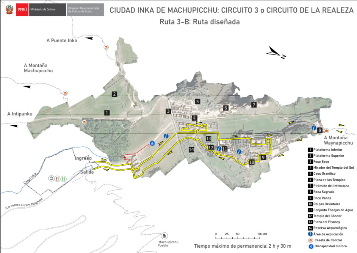Mapa trasy 3B Machu Picchu – dolna trasa przez sektory mieszkalne