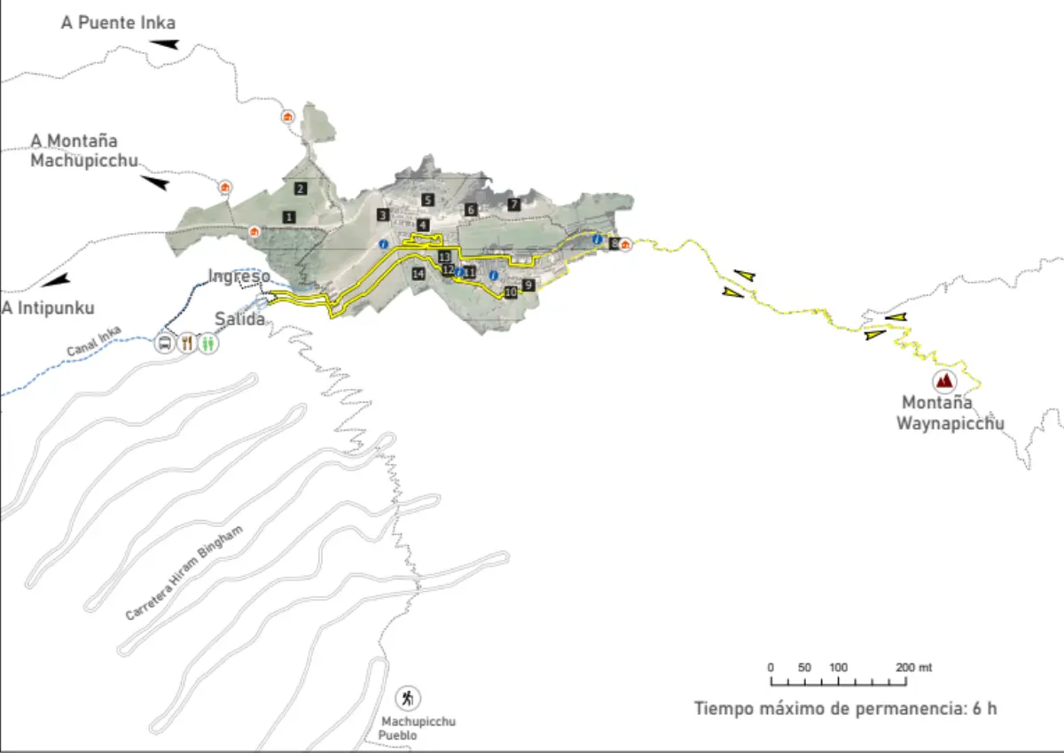 Mapa trasy autobusowej z Aguas Calientes do Machu Picchu z zaznaczonymi serpentynami, długością 8 km i przewyższeniem do wejścia na teren ruin