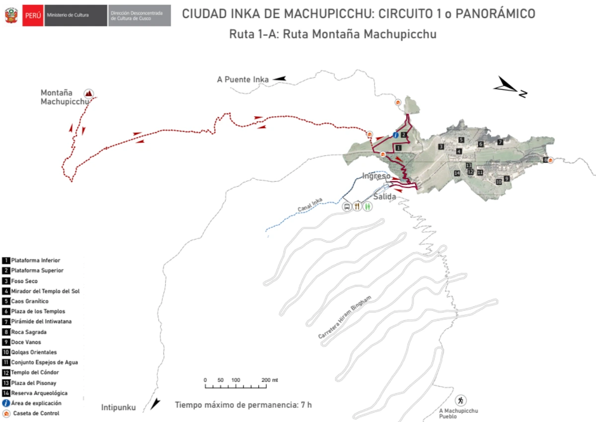 Mapa trasy 1A Machu Picchu – Montaña Machu Picchu szlak i punkty widokowe